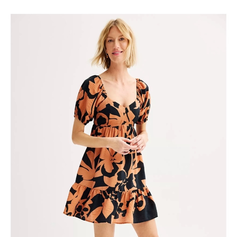 Nine West Orange Sweetheart Puff Sleeve Mini Dress